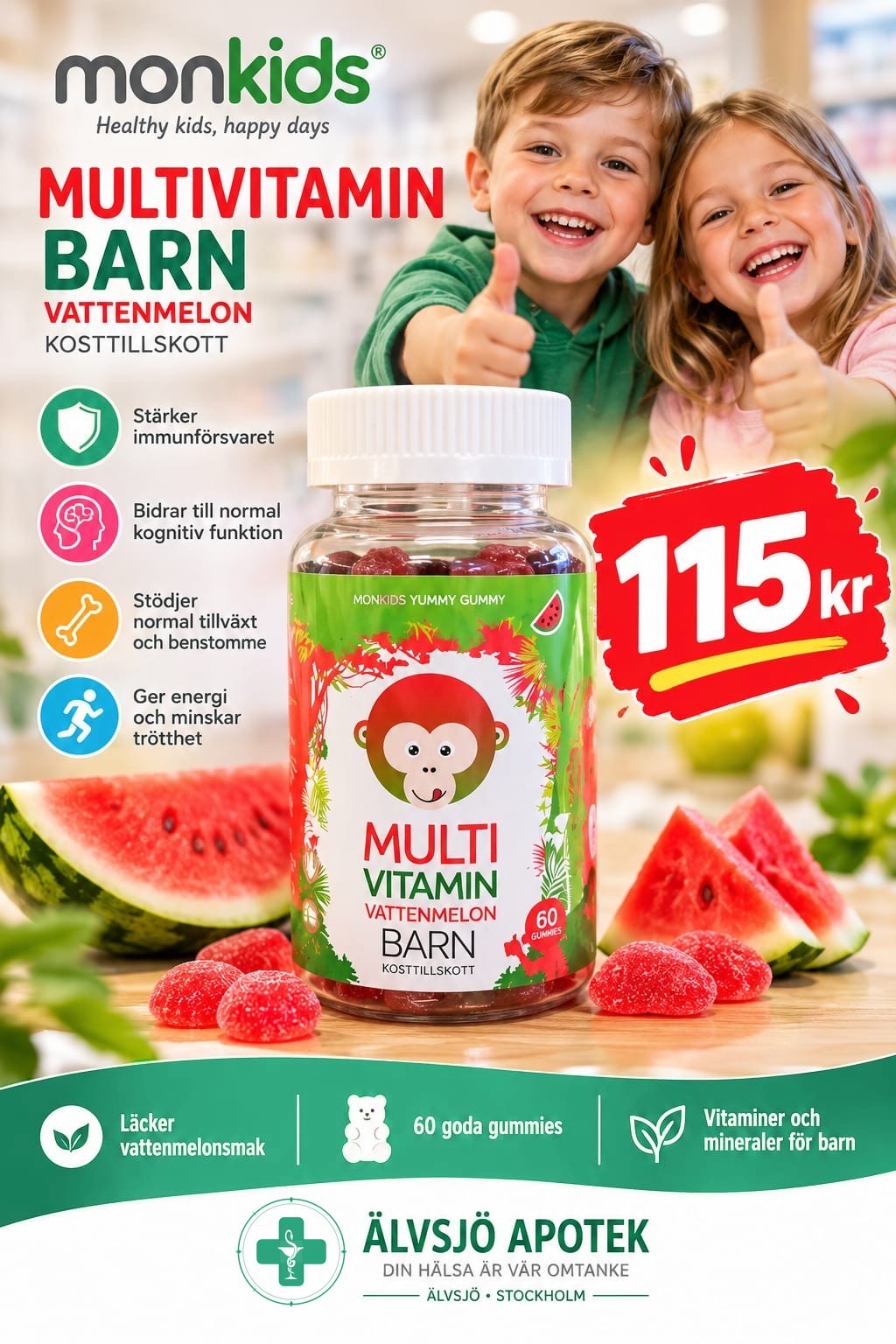 Monkids Multivitamin Barn Vattenmelon – 115 kr